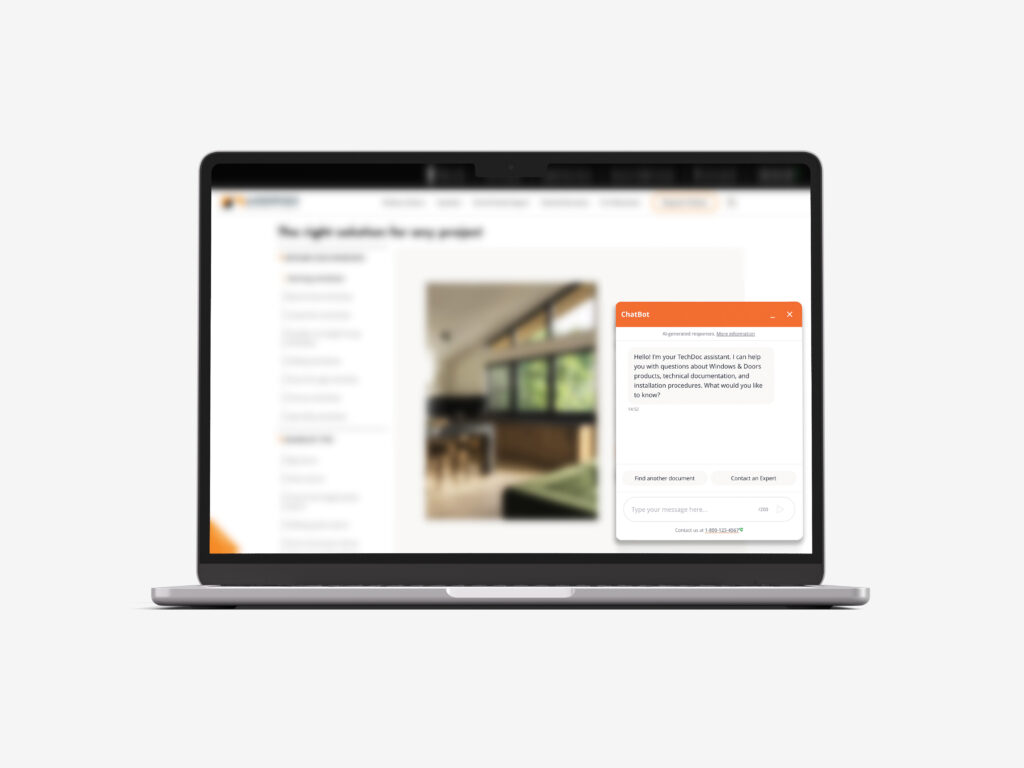 AI Knowledge Assistant conversational interface widget for a building products manufacturer